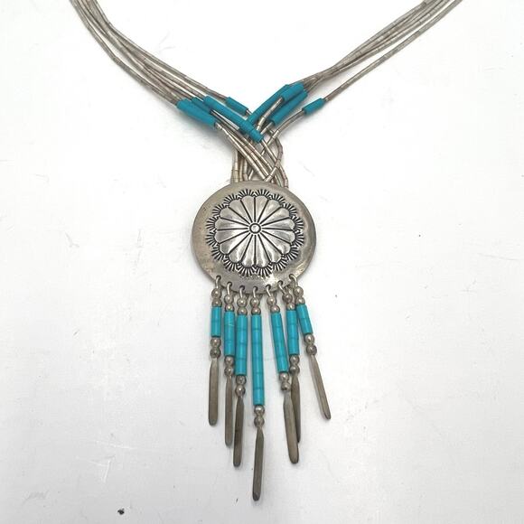 Vintage Sterling Silver Native American Style Turquoise Beaded Necklace - Picture 1 of 7